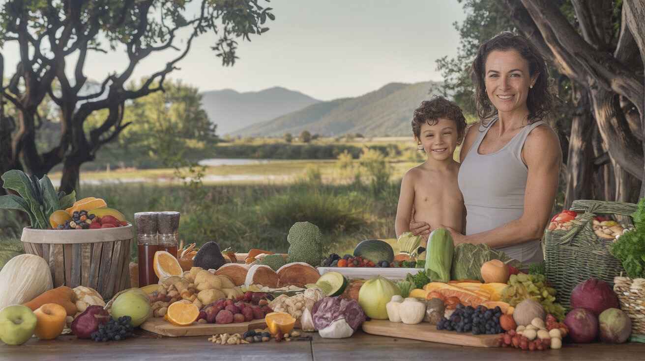 Healthy Mum and Son with Healthy food